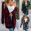 Autumn and Winter Casual Color-blocking Checkered Pocket Long-sleeved Cardigan Sweater Jacket for Christmas Women's Wear