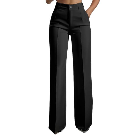 Women Suit Pants Button Zipper Trousers with Pockets Closure High Waist Long Solid Color Straight Wide
