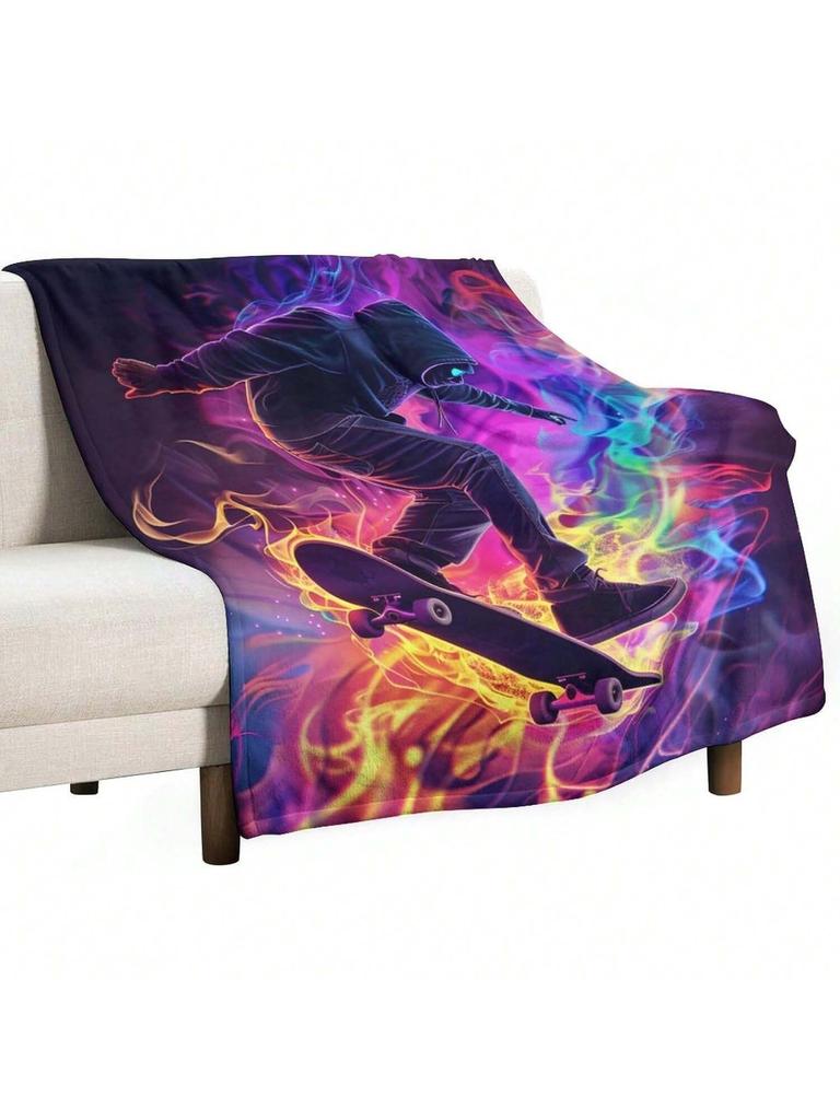 Skateboarding Player Throw Blanket For Couch Bed, Soft Cozy Warm Colorful Abstract Skateboarder Sport Decor Flannel Blanket For Sofa, 30x40