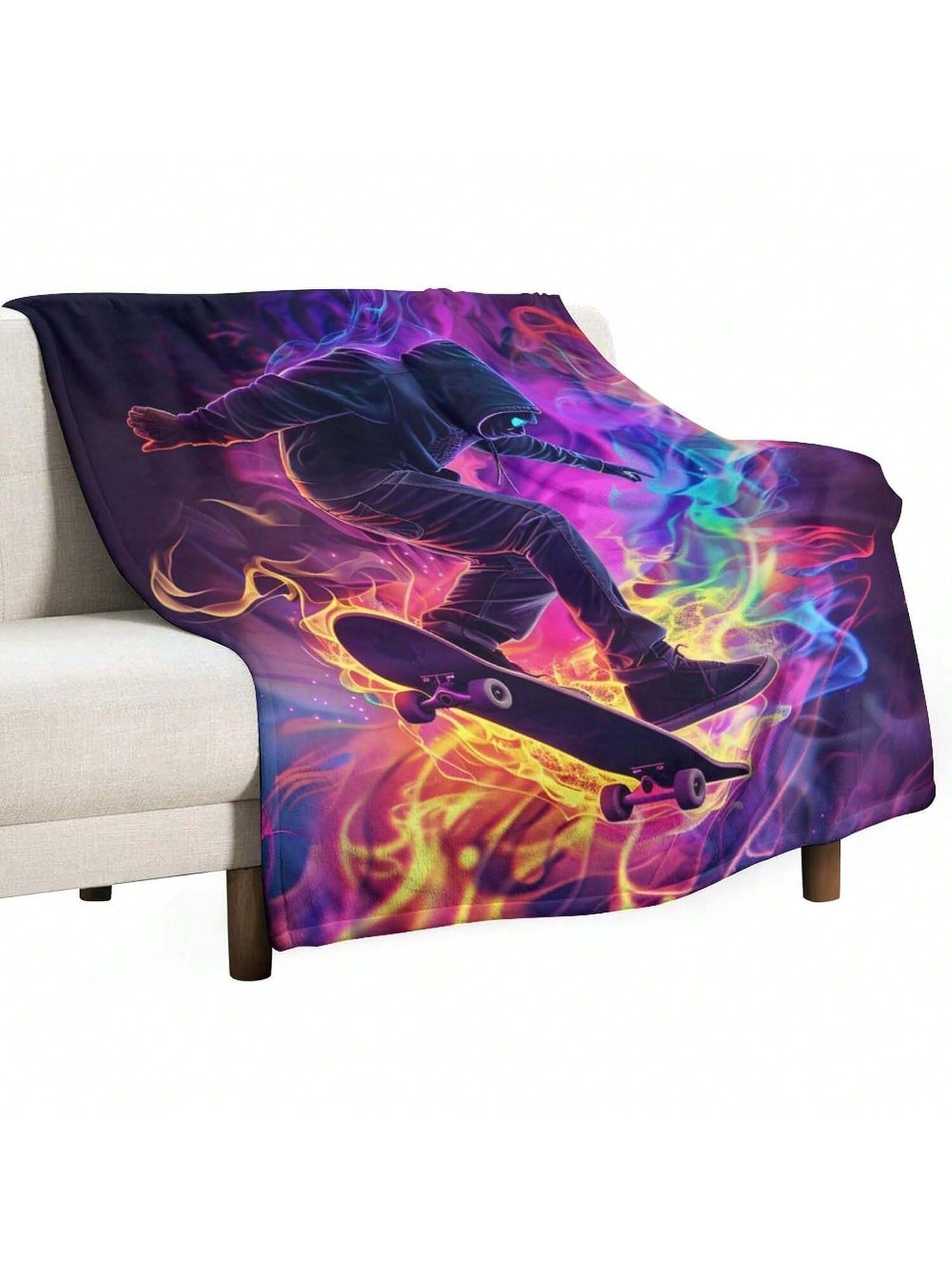 Skateboarding Player Throw Blanket For Couch Bed, Soft Cozy Warm Colorful Abstract Skateboarder Sport Decor Flannel Blanket For Sofa, 30x40 75X95CM