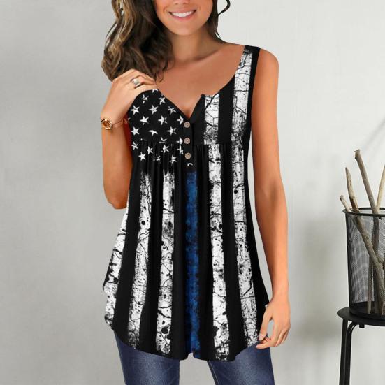 Women Vest Round Neck Buttons Half Placket Sleeveless Tank Tops US Flag Pattern Flowy Hem