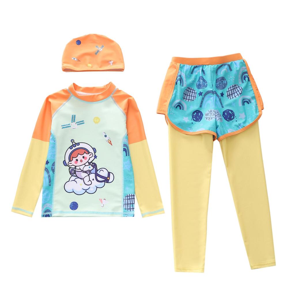 Boys' Quick-Dry Cartoon One-Piece Swimsuit with Long Sleeves and Sun Protection