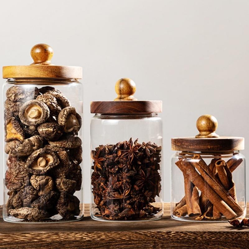 Glass Food Storage Jar with Wood Lid Airtight Sealed Clear Container for Coffee Beans Nuts Spice Candy Moisture-proof Storage
