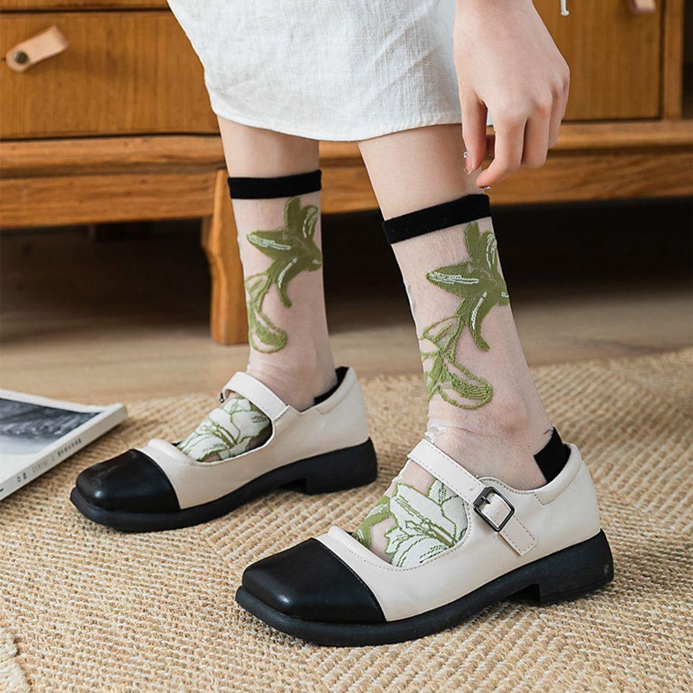 Korean Embroidery Crystal Silk Socks Middle Tube Socks Floral Hosiery Women's Socks Flower Socks