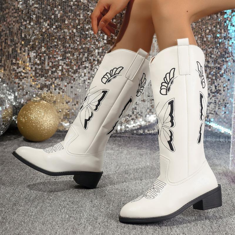 New Autumn Medium Boots Retro Embroidered Flower Large Size Knight Boots Martin Women's Boots