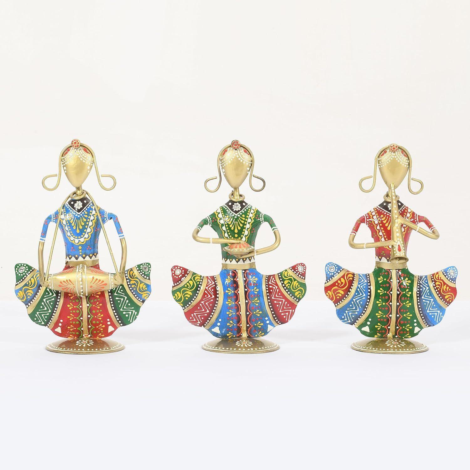 

Rajasthani Artisan Musician Showpiece (Set of 3) | Home Decor for Living Room | Interior Decoration | Unique Tribal Music Decor (Multicolor)