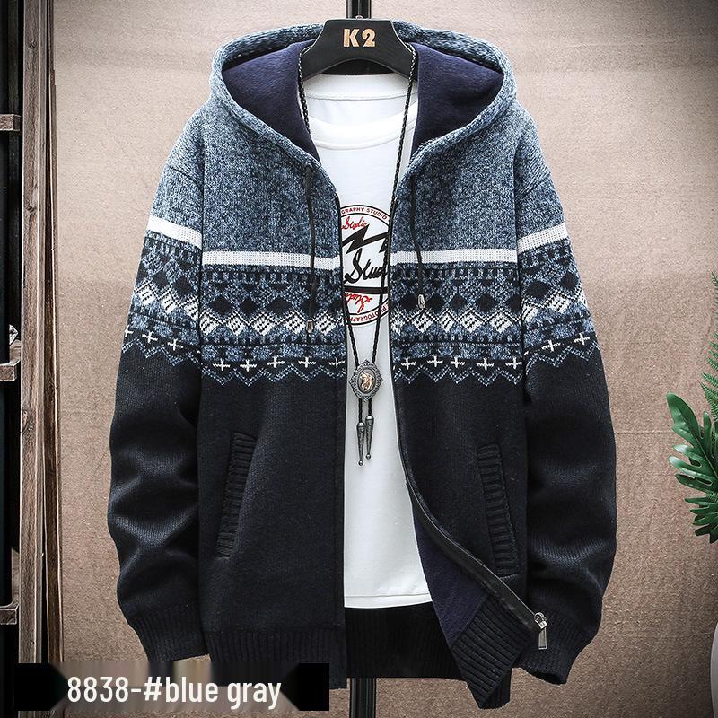 Men's Korean Style Hooded Knitted Sweater Jacket - Color Block, Plus Velvet, Autumn/Winter