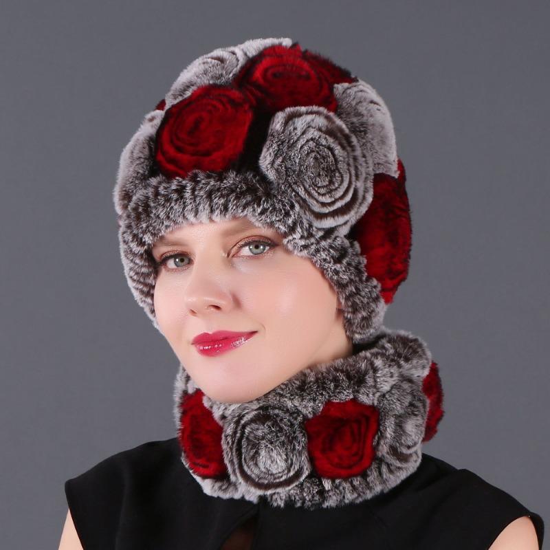 Rex Rabbit Rose Hat and Flower Scarf Set Specializing in the production of Rex Rabbit Scarf Hat Two-piece Adult Hat