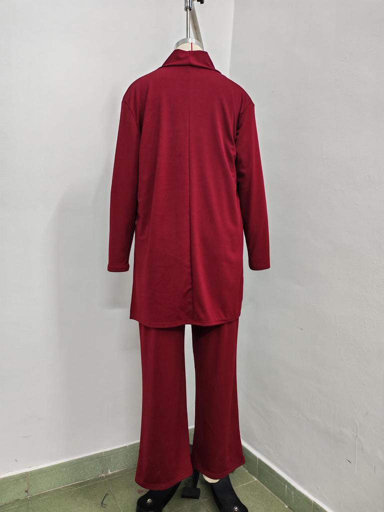 Ensemble trois pièces unicolore pour femme Printemps/Automne 2026: Haut à col rond, Manches courtes, Pantalon long, Manteau de longueur moyenne