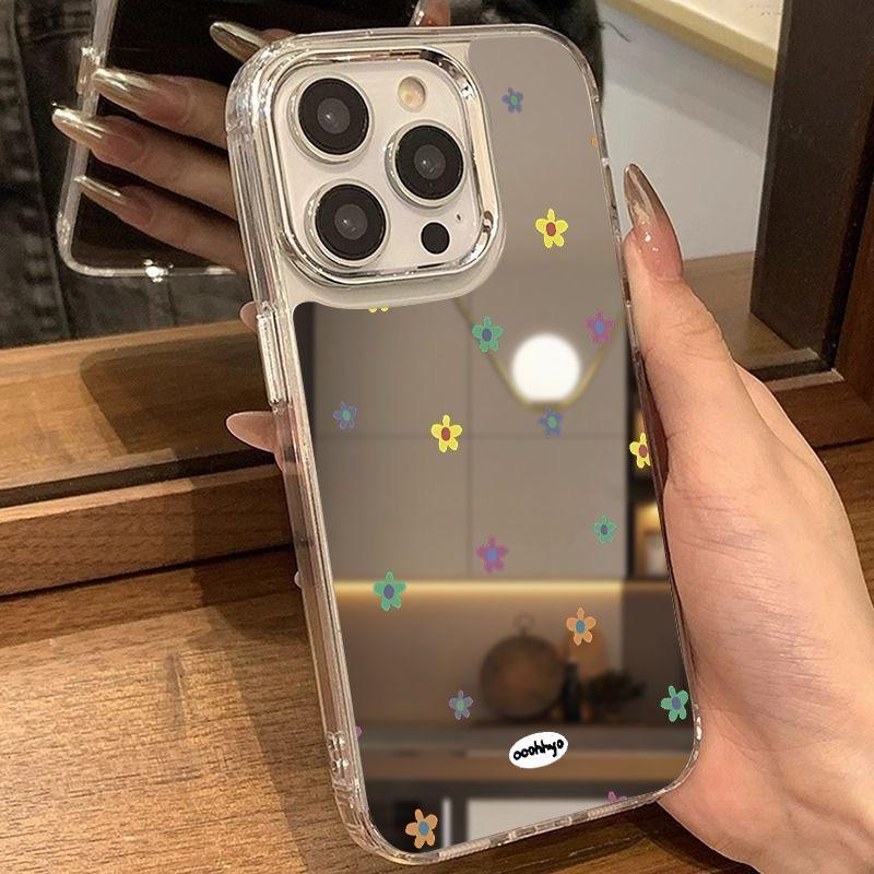 Small Floral Print Makeup Mirror Phone Case For IPhone 17 16 15 14 Pro Max 13 12 11 Air 17e 16e Protective Anti-slip Cover