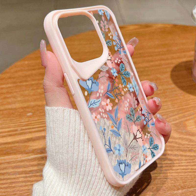Shockproof Slim Hybrid Acrylic Phone Case for iPhone 15 Pro Max 14 Plus 13 Transparent Colorful Flower Soft Edge Cover