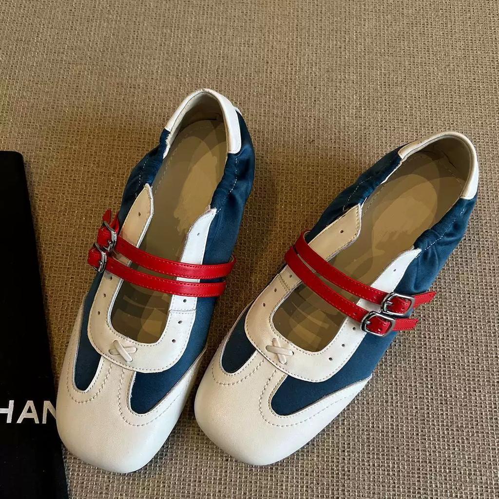 Sheepskin Version~ Retro Niche Color Matching Double-breasted Square Head Flat-bottomed Sports Moral Training Shoes Women's Spring and Autumn Mary Ja