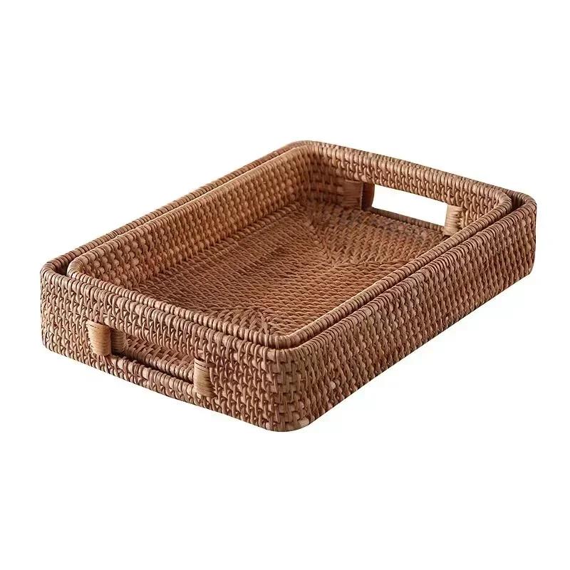 Hand-Woven Rattan Storage Basket TrayTea Fruit Round Case with Handle Afternoon Tea Fruit Tray Storage Basket Food Display Tray