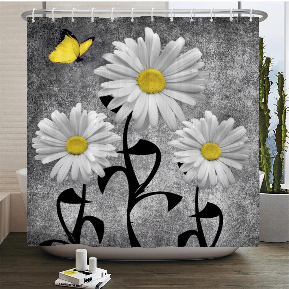 Plant Sunflower Butterfly Flowers Shower Curtain Print Modern Nordic Minimalist Polyster Home Decor Bathroom Curtain with Hooks