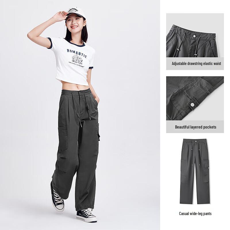 Women's Elastic Waist Wide-Leg Cargo Pants with Two-Way Hem
