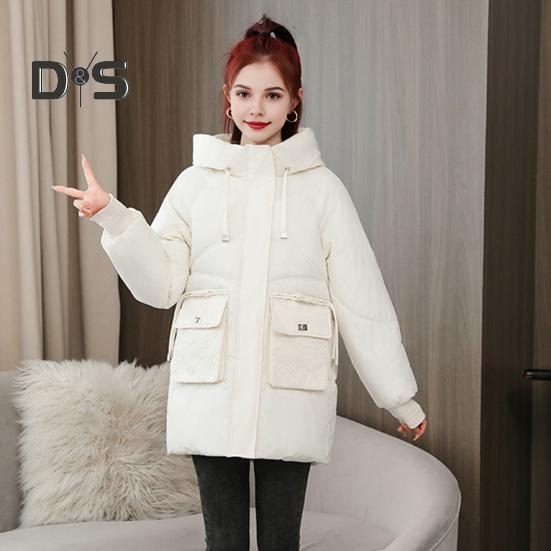 Winter Down Coat Thickened Padded Hooded Pockets Zipper Closure Drawstring Mid Length Windproof Heat Retention Daily Cold Weather Outwear Cotton
