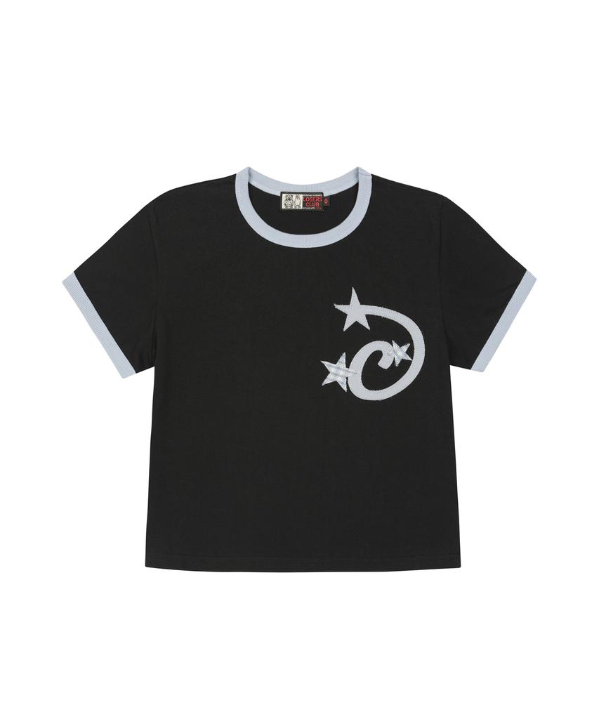 Lujeoseukeulleob Star Applique Crop Ringer T-Shirt Women'S Fit Black