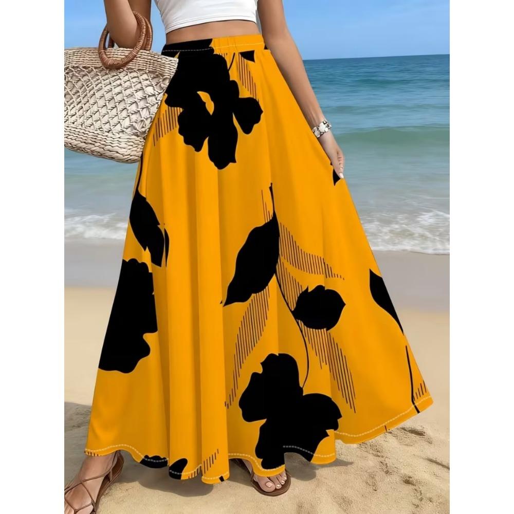 2026 Spring/Summer Women's Half Length Skirt Printed Elegant Elastic Waist, Different Country Fake Wind Beach Skirt Women's Wear