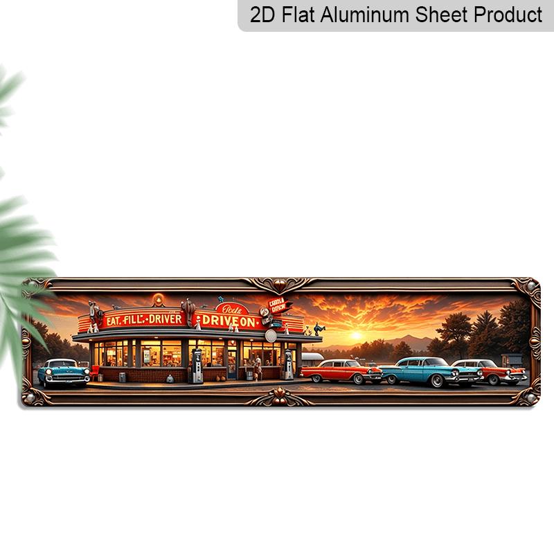 

2D Flat - Retro 2D Flat Aluminum Decorative Sign | Mid-Century American Diner with Classic Cars, Vintage Decorative Art for Cafes, Restaurants 40cm x 10cm