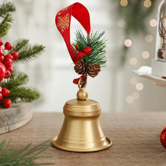 Christmas Bell Hanging Ornaments Rustic Metal Bell Decoration with Artificial Pine Needles Berries for Christmas Tree Wreath Door Window Decor