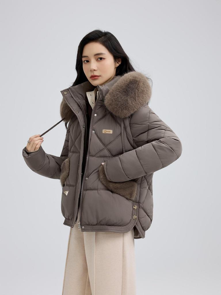 Korte Dameskatoenen Jas met Grote Bontkraag - 2025 Winter Koreaanse Stijl Slim Fit Jas