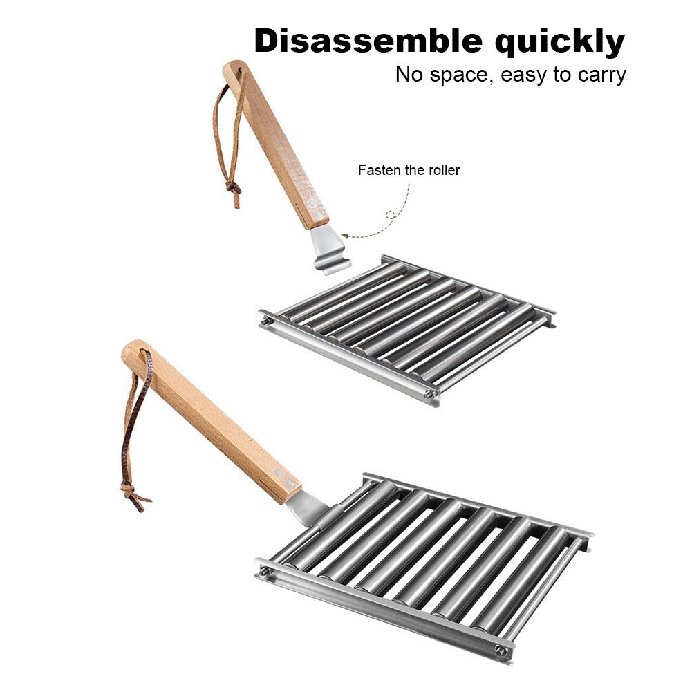 Stainless Steel Sausage Roller Rack with Extra Long Wood Handle BBQ Hot Dog Griller Sausage Corn Roller for Barbecue Party Tools