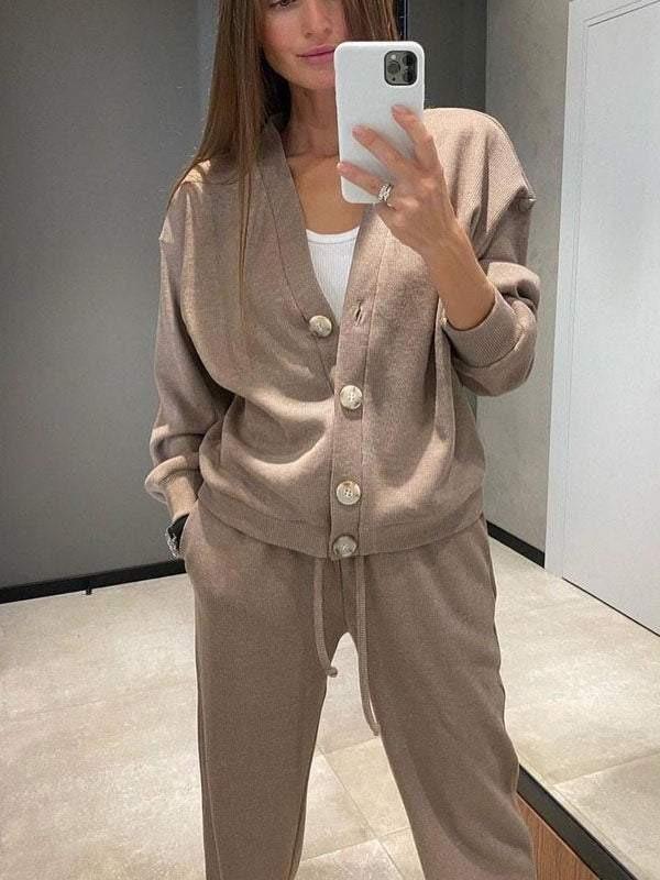 Set Due Pezzi Autunnale Donna Taglie Forti Casual Largo Abbigliamento Sportivo Cardigan a Manica Lunga Monopetto
