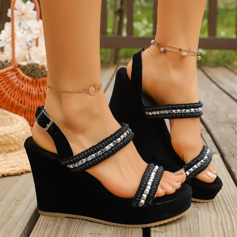 Große Größe High Heels Sandalen Damen Neue Mode Strass Open-Toe Ein-Riemen Schnalle Keilabsatz Sandalen