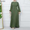 Women Casual Round Neck Loose Long Sleeve Pleated Long Dress