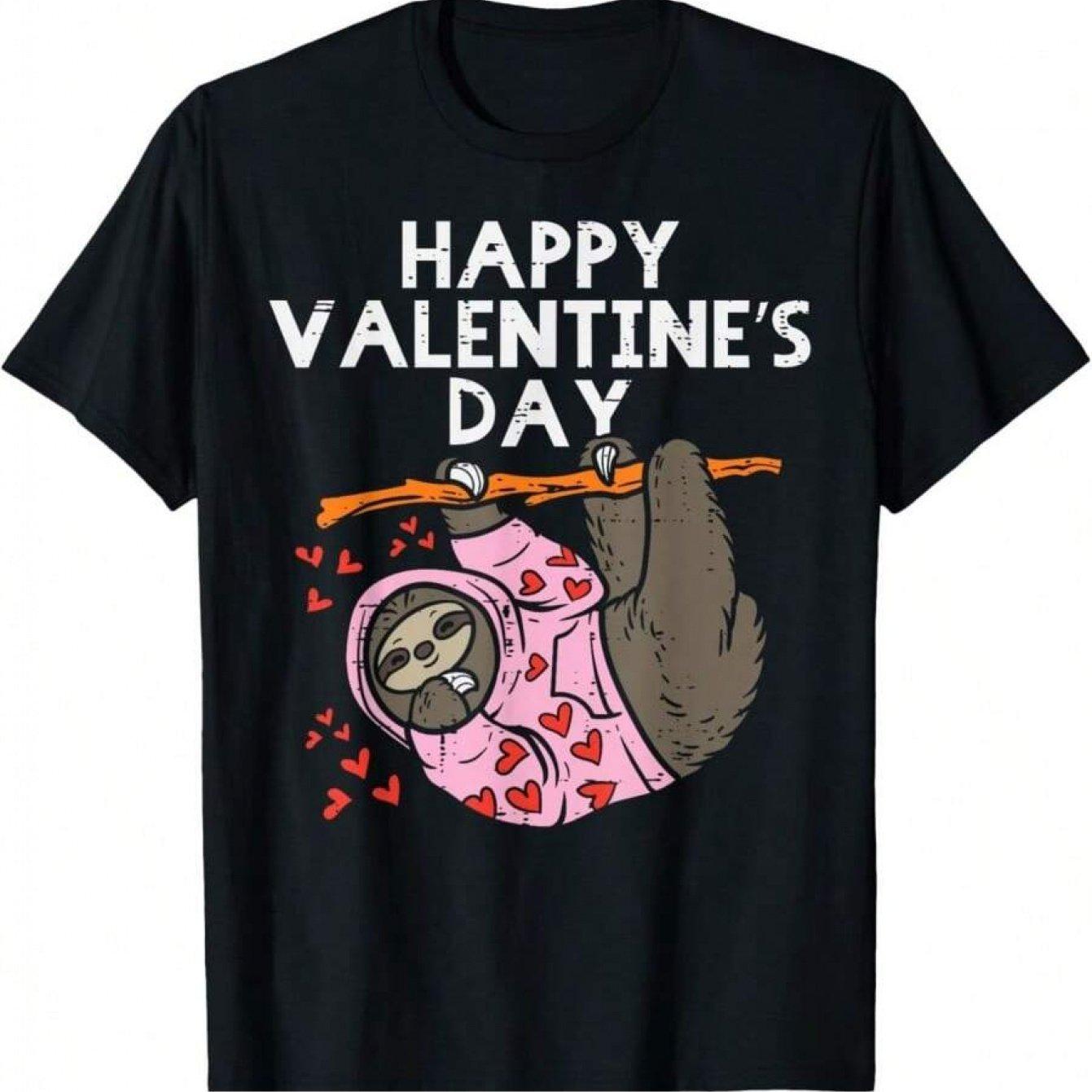 Sloth Happy Valentine s Day Graphic Tee Men s Casual Round Neck Short Sleeve Cotton T-Shirt S