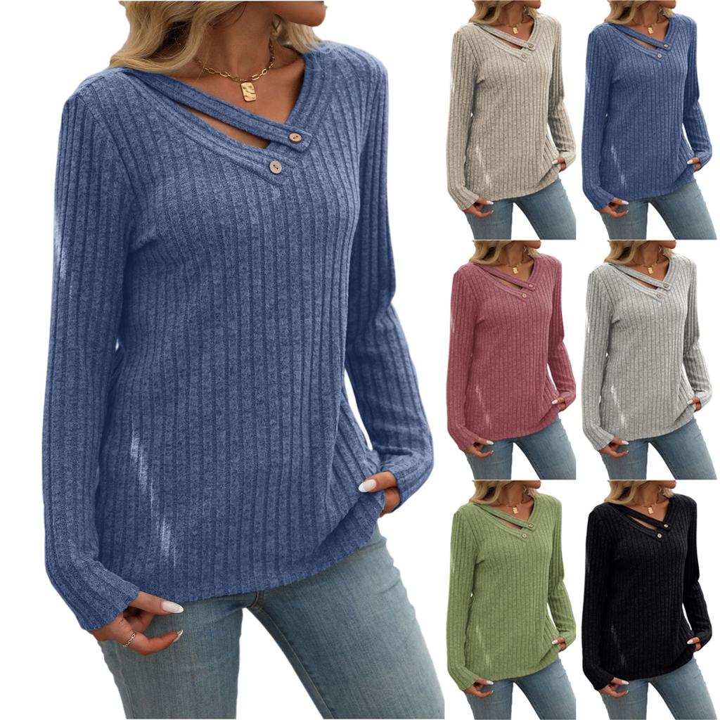 Women's Fashionable Solid Color V Neck Button Long Sleeved Loose Pullover T-shirt Top