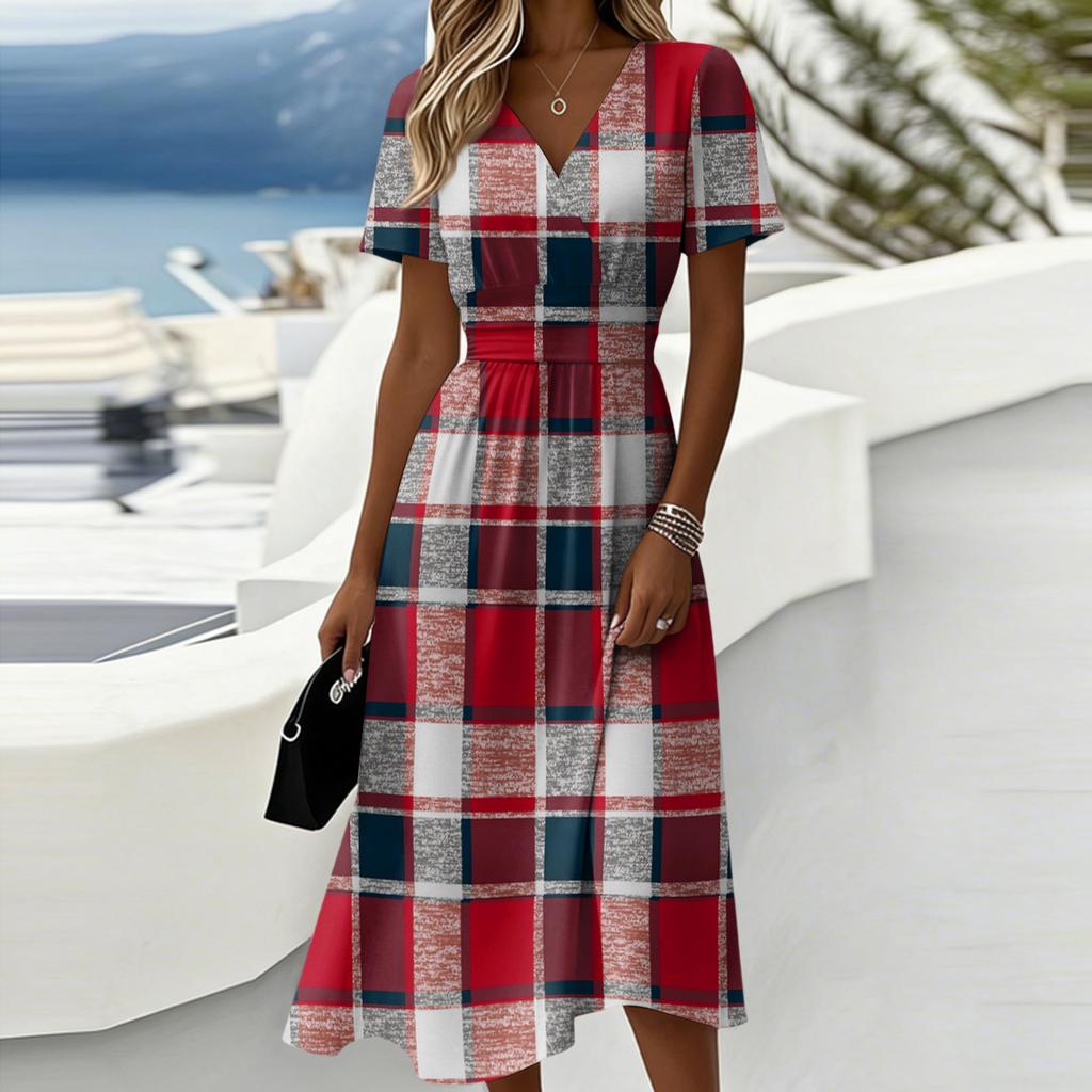 Ladies' Plaid Casual Fashionable Short Sleeved V-neck Dress