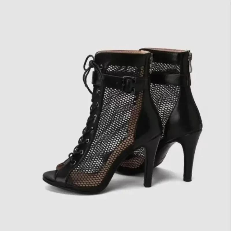 Módní šněrovací sandály podpatky 8CM dámské boty léto 2025 trend černé sexy peep toe boty módní látkové jehlové podpatky jazzový tanec ženské