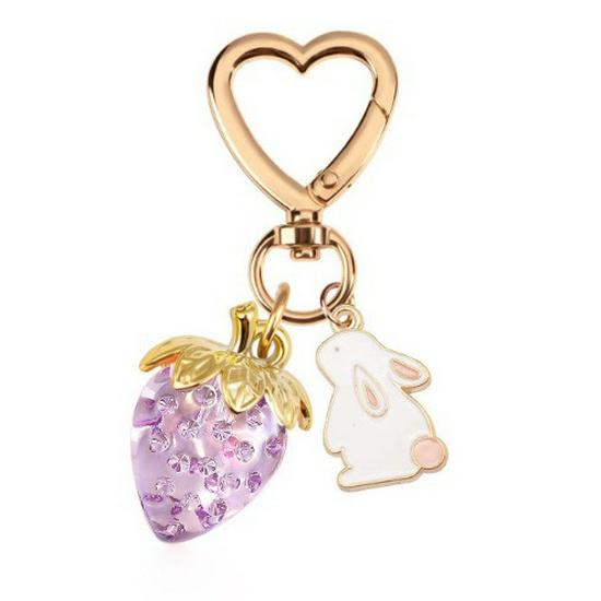 Peach Heart Strawberry Flower Keychain - Heart-Shaped Bag or Car Pendant