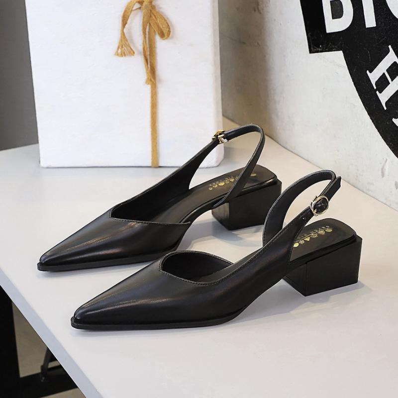 Fashion Pointed Toe Back Tripod Strap With Air Quality Shallow Mouth Comfortable Thick Heel Shoes Medium Heel Simple Side Empty