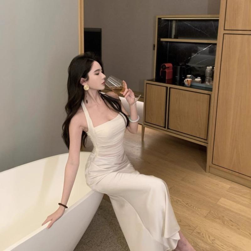 Summer New Mesh Satin Splicing Neck Dress Women's Waist and Thin Hip Dress Suspender Skirt