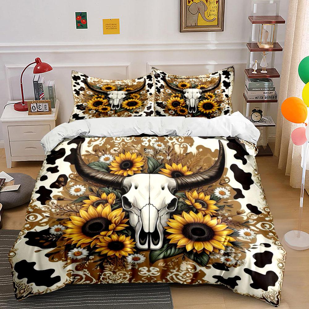 Cow Skull with Sunflowers Set Bedding Duvet Cover Set Duvet Cover Pillowcases (1 * Duvet Cover 2 * Pillowcases, Without Duvet Insert)