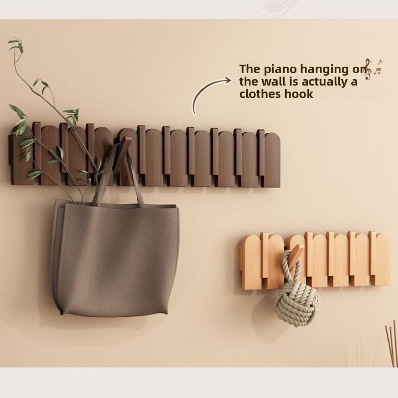 Piano Key Hanging Rack - Wall-Mounted Wooden Hook with Multiple Compartments for Clothes, Hats, Bags, Entryway Organizer