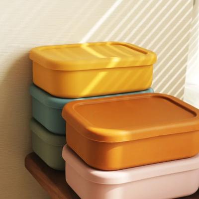 Portable Sealed Rectangle Lunchbox with Lid, 3 Parts Silicone Fresh-Keeping Box, Bento Fruit Salad Storage Bowl