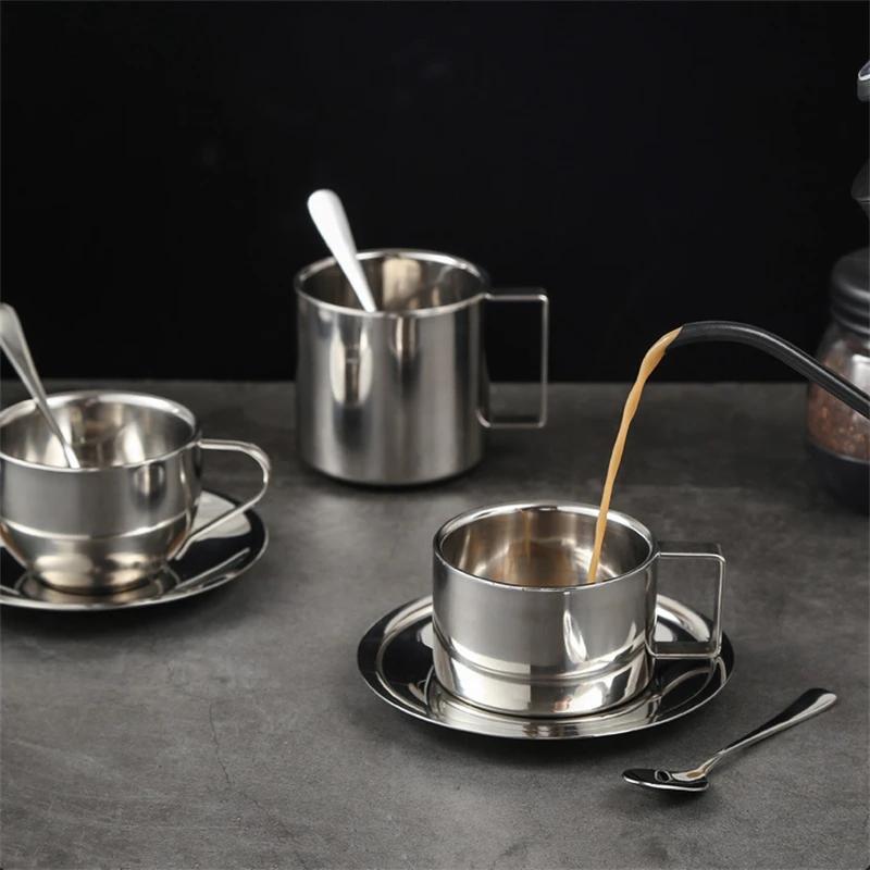 3Pcs/Set 304 Stainless Steel Insulated Coffee Cup Double Wall Tea Milk Mug with Saucer Spoon Cafe Restaurant Hotel Tableware