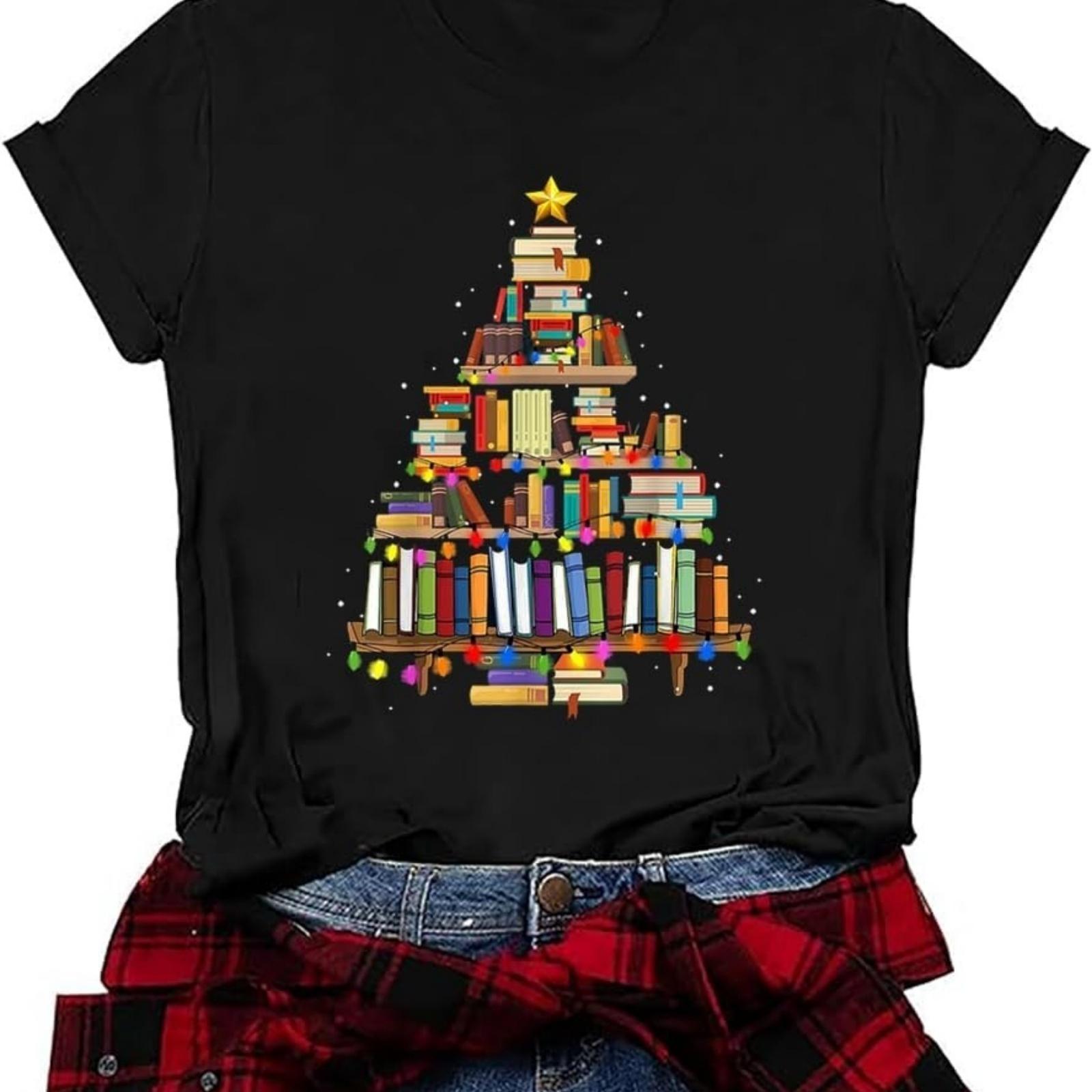

Christmas Books Tree T-Shirt Women Teachers Love Reading Xmas Gift Tee School Christmas Holidays Casual O-Neck Tshirts S