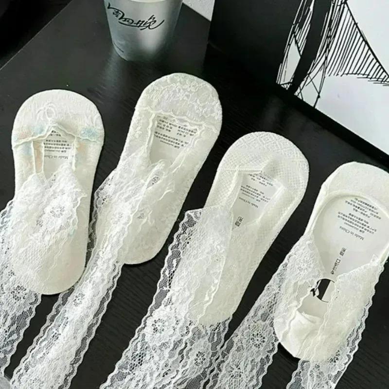 1/4pairs Fashion White Flower Lace Tie Straps Boat Socks Korean Sweet Ballet Sock for Women Kawaii Lolita JK Slipper Dance Sock