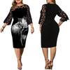 Plus Size Women Lace Patchwork Printed Slim Fit Midi Dress