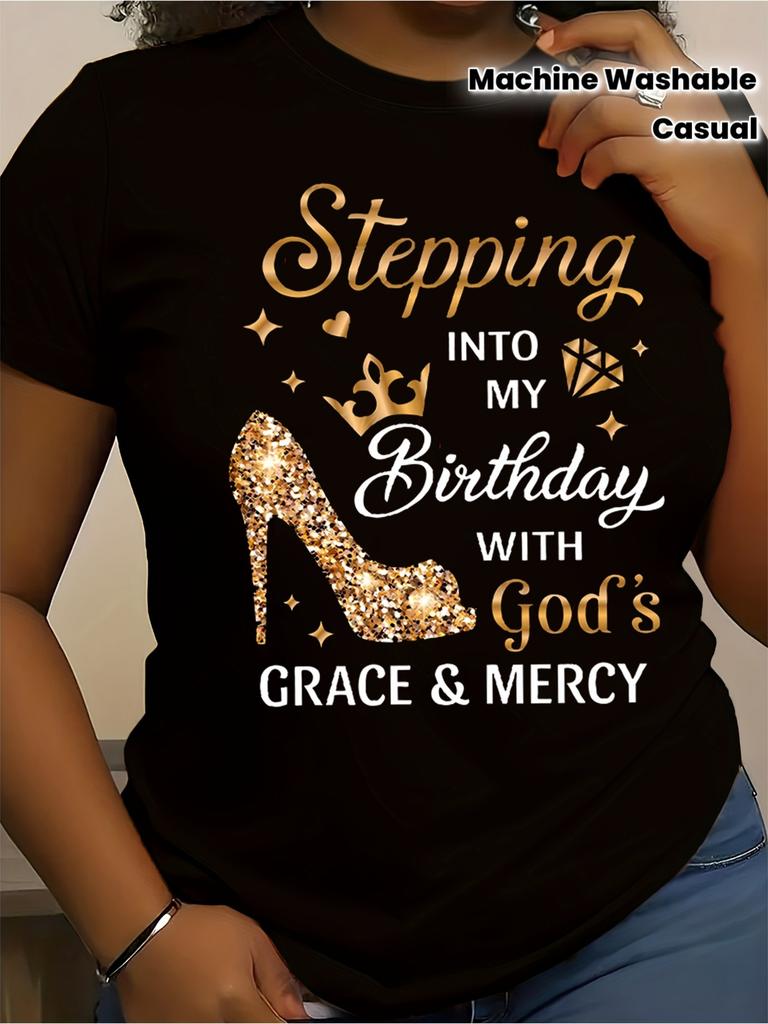 Women's Birthday High Heels and Heel Letter Print T-Shirt- Spring Summer Autumn Casual Short Sleeve