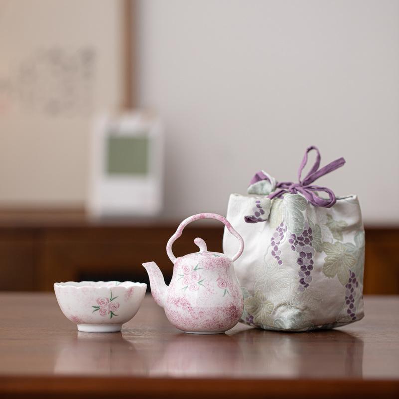 Hand Drawn Rose Ceramic Kung Fu Tea Set, One Pot, One Cup, Handmade Tea Pot, Tea Cup, Outdoor Portable Set