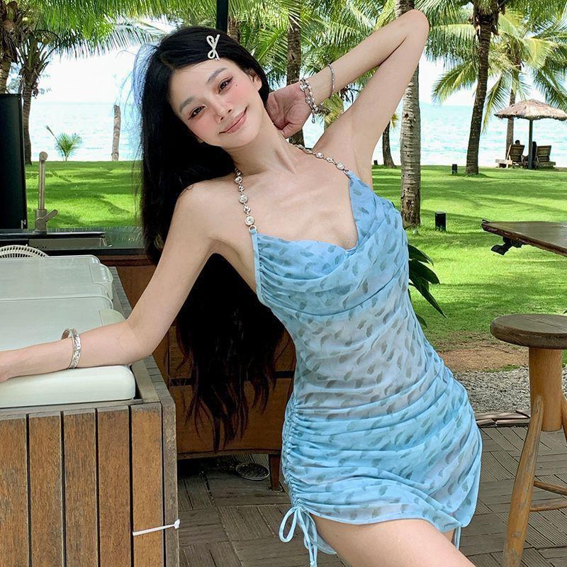 

Swimsuit Women s Split Skirt Seaside Vacation Style Pure Desire High-quality Beautiful Slimming Belly Covering Hot L синий