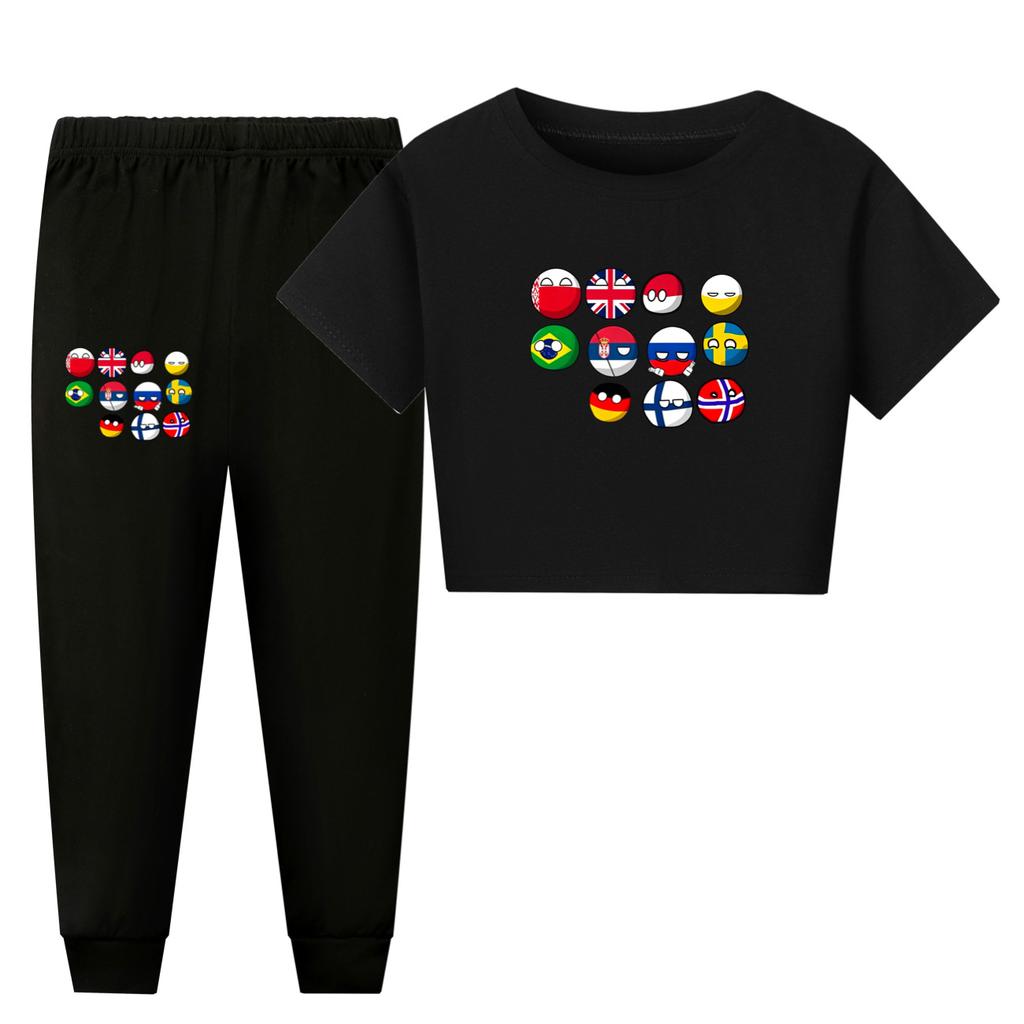 Polandball Dětský pyžamový set Kreslený potisk Countryball Dlouhý/Krátký rukáv Horní díl Dlouhé kalhoty Dětské oblečení na spaní 2 ks Domácí oblečení