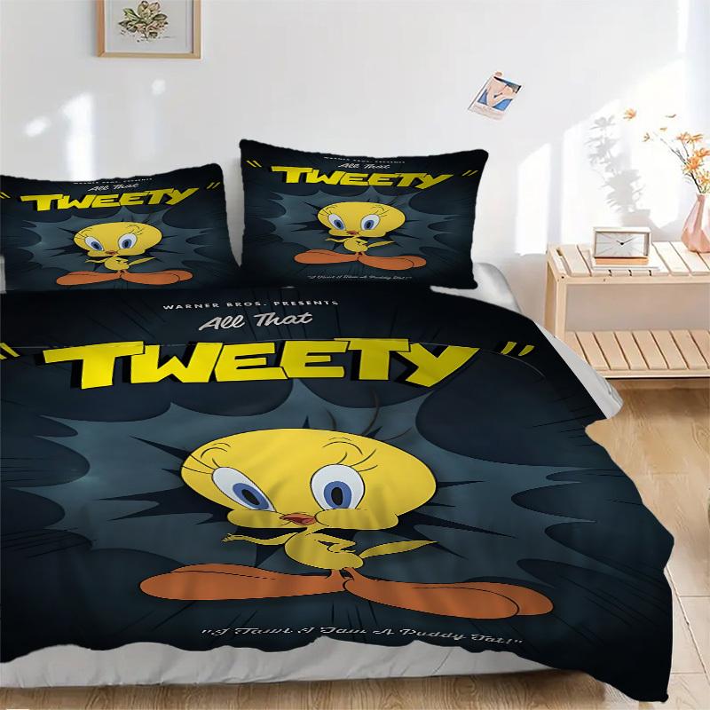 3pcs bedding set Tweety Bird Looney Tunes Includes 1 Comforter + 2 Pillowcases, Without Pillow Inserts, Soft Comfortable, Lightweight Breath