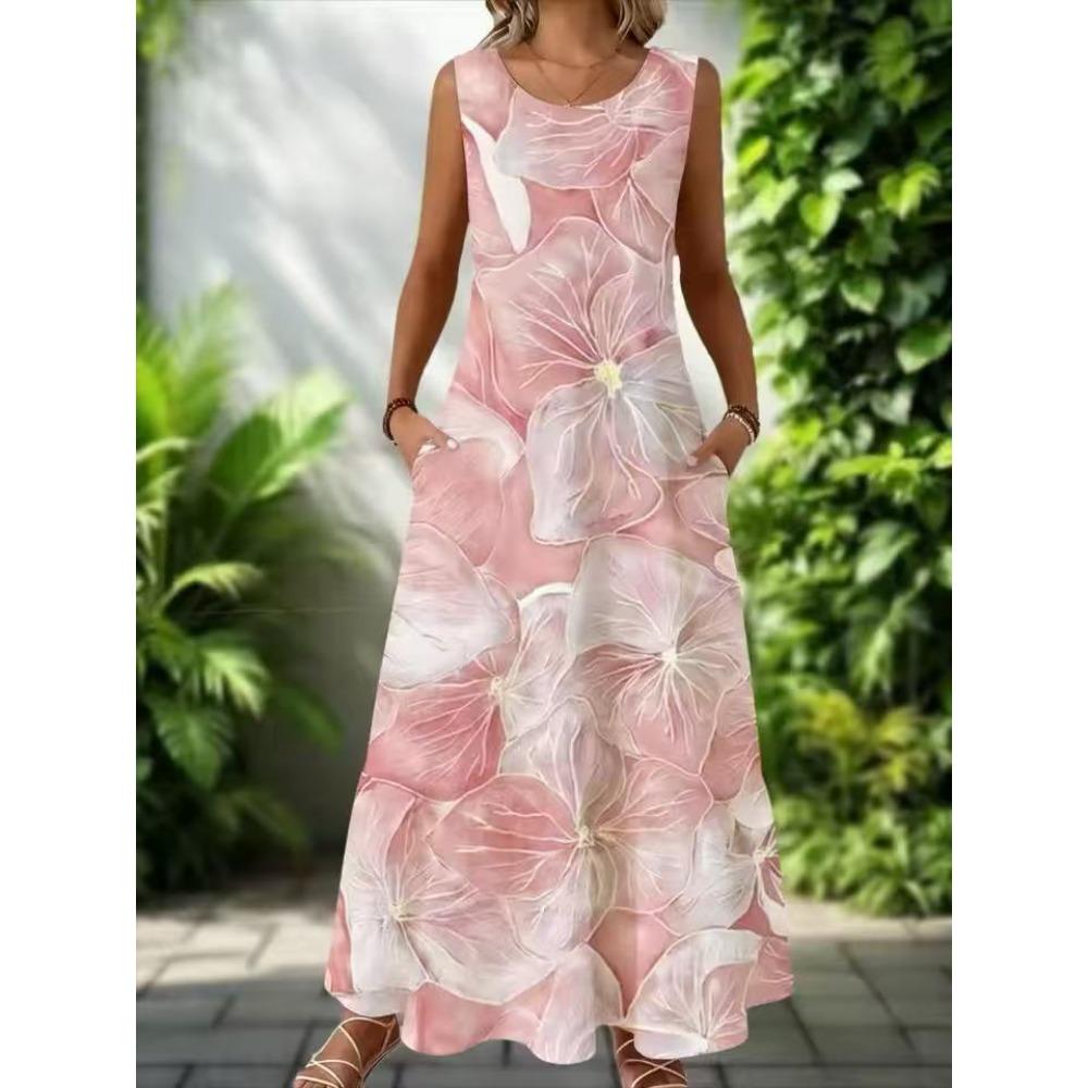 Women's Round Neck Sleeveless Floral Print Maxi Dress Loose Fit Casual A-Line Dress with Pockets