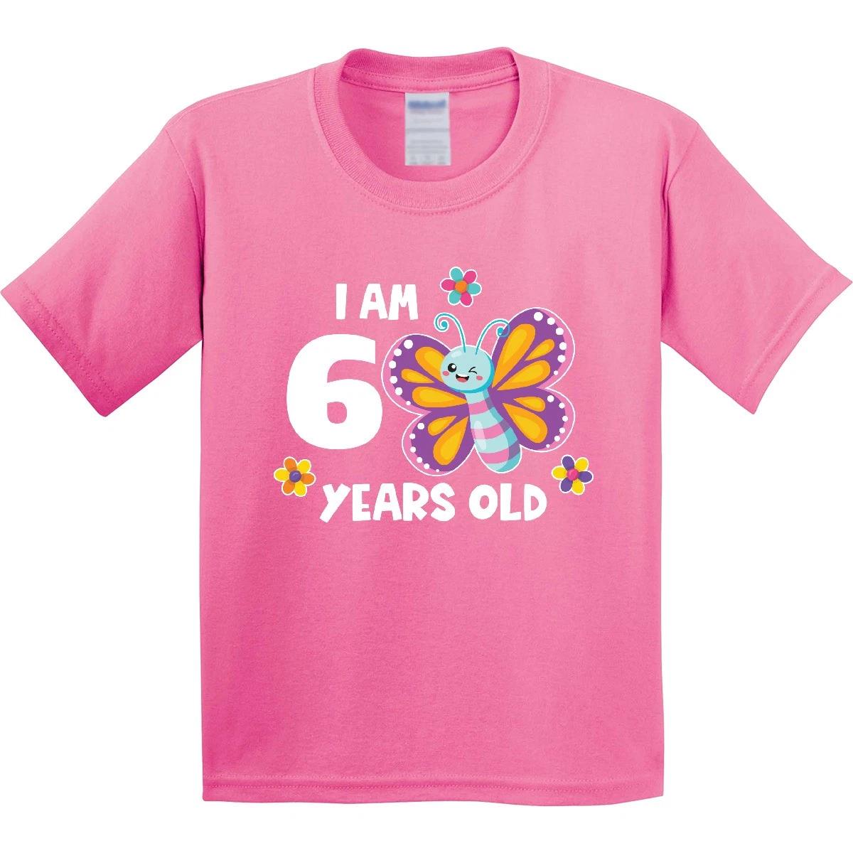 Inktastic I Am 6 Years Old Cute Smiling Butterfly With Flowers Youth kids boys T-Shirt Six 140
